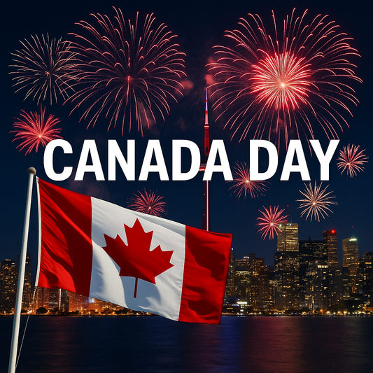 Canada Day fireworks over the Toronto skyline with the CN Tower lit up and a waving Canadian flag in the foreground.