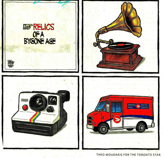 Cartoon of vintage throwbacks: a gramophone, Polaroid camera, and a Canada Post truck labeled ‘Relics of a Bygone Age’—retro delights still worth going bananas for!
