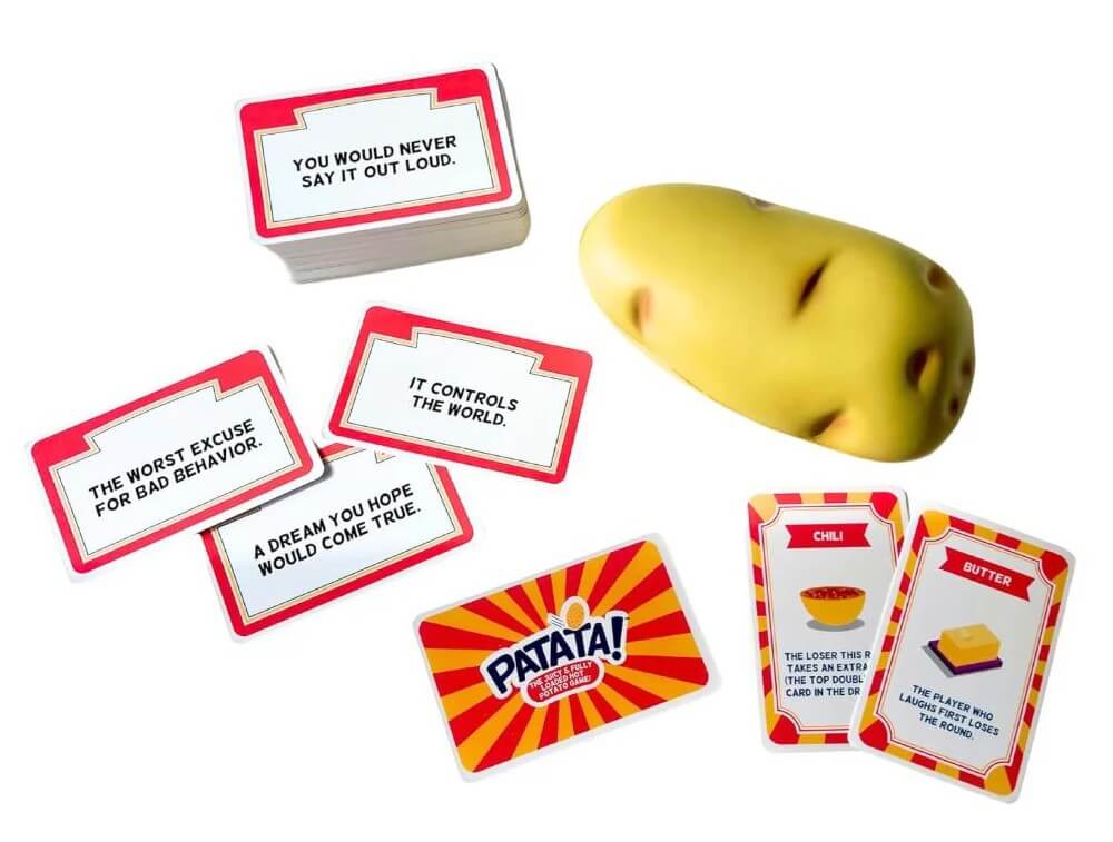 Patata! The Juicy and Fully Loaded Hot Potato Game! Contents of the potato sack include squishy potato and a sample of the playing cards.