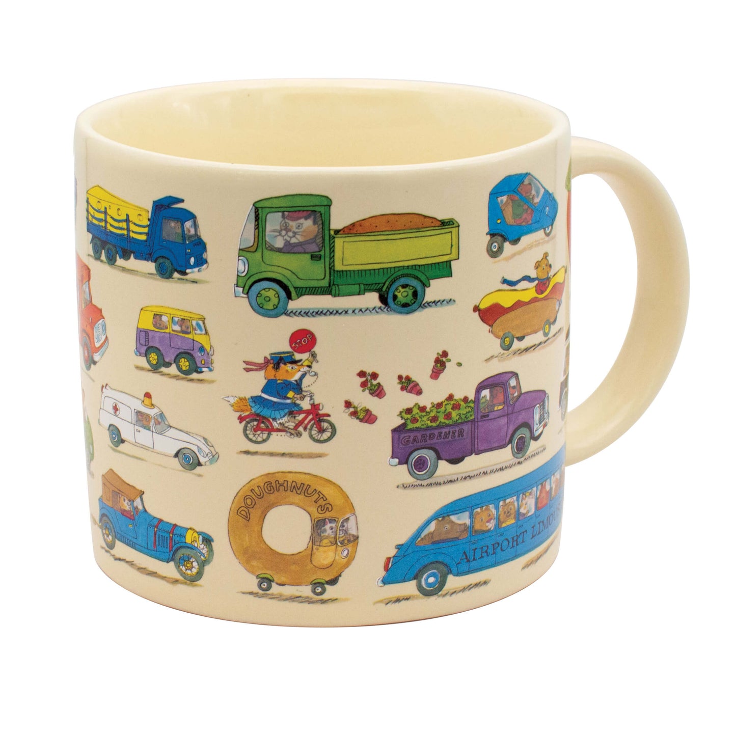 Richard Scarry Cars and Trucks Mug reverse side shown hot with Busytown characters revealed inside the vehicle windows