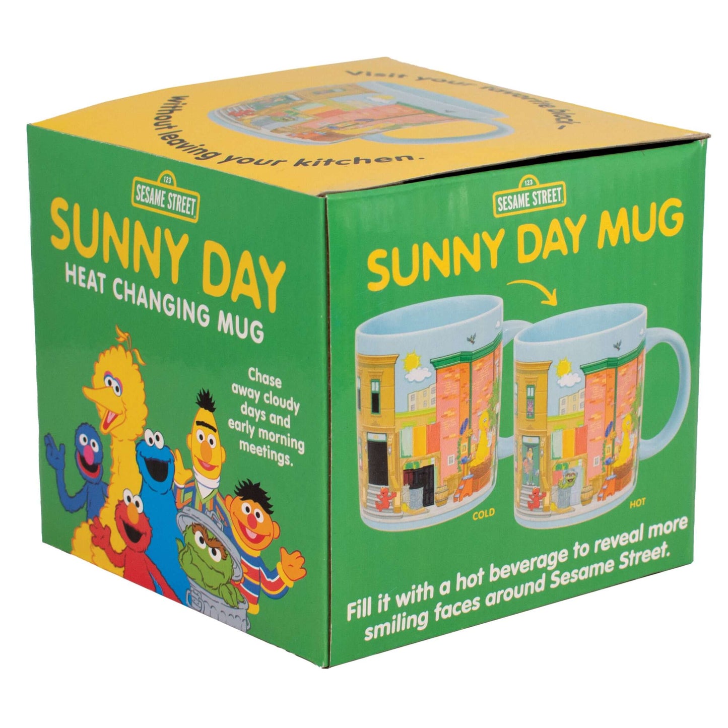 Sesame Street Sunny Days Heat Change Mug gift box with cold and hot mug images and Sesame Street characters.