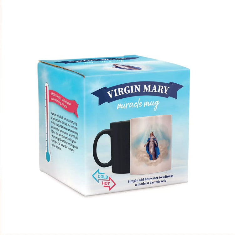 a box with a picture of a virgin mary mug