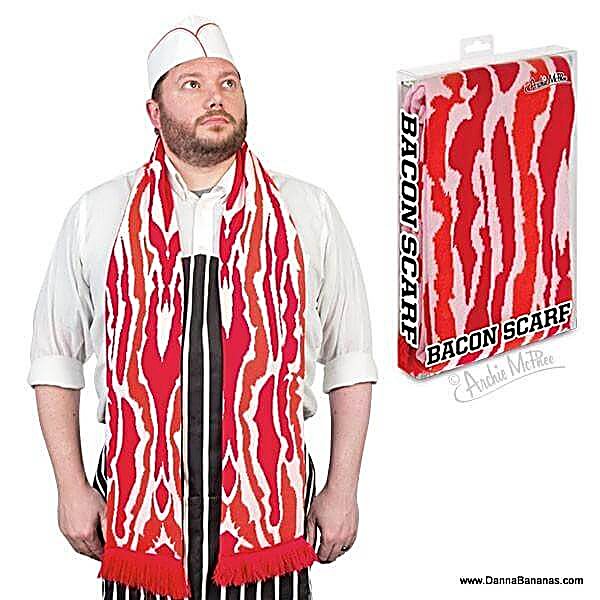 A model wearing a funny bacon scarf, a bold novelty accessory with a playful food-inspired design for humour lovers.