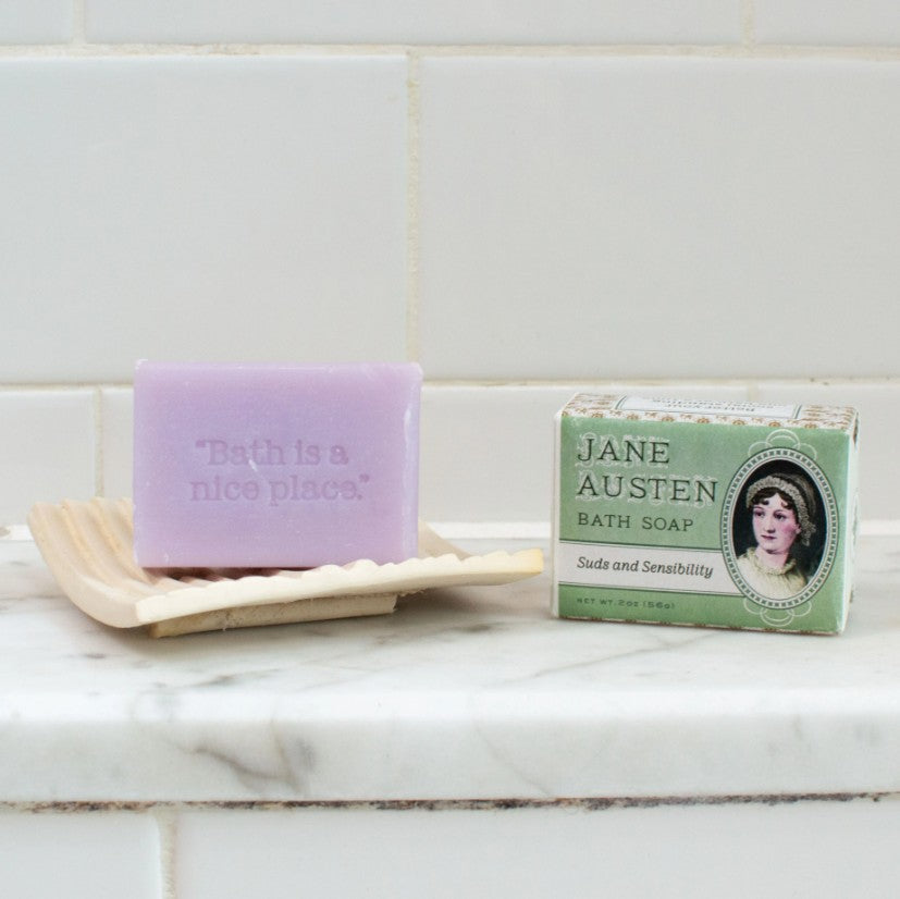 Jane Austen Bath Soap unwrapped. Soap stamped with Bath is a Nice Place.
