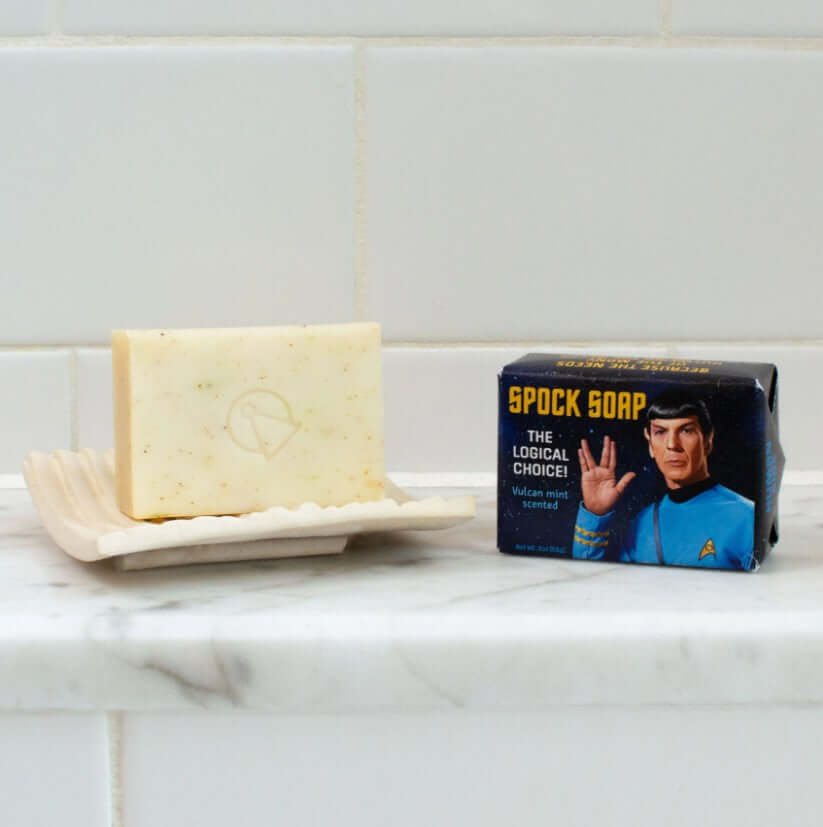 Spock Soap the Logical Choice. Soap wrapped in a Star Trek Themed wrapper showing Spock and an unwrapped bar of soap showing the vulcan insignia stamped into the bar.