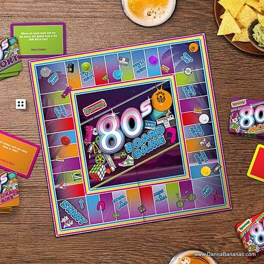 Awesome 80s Board Game featuring trivia questions, colorful board, and retro icons for nostalgic fun.