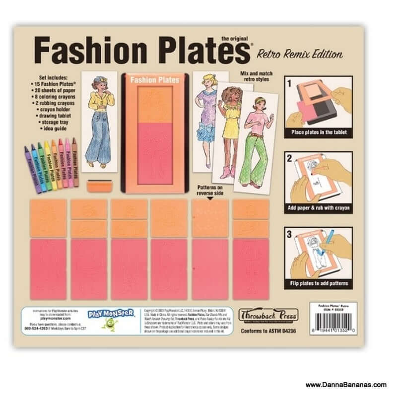 Introducing "Fashion Plates Retro Remix Edition" by Outset Media, a charming retro toy set that ignites creativity. This set includes templates for designing outfits, colored pencils, and crayons, along with instructions to create your own retro fashion designs on paper. It's a nostalgic journey into style!