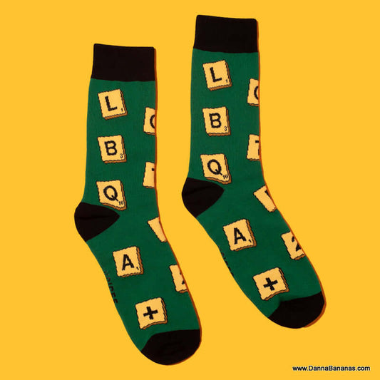 Scrabble Socks that feature the letters LGBT.