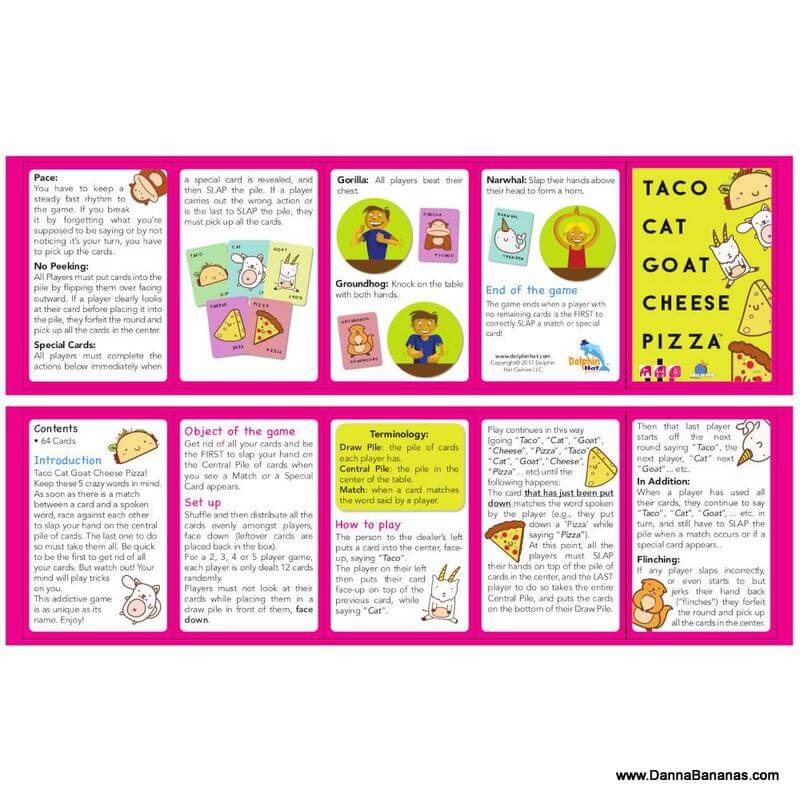 Immerse yourself in the lively universe of "Taco Cat Goat Cheese Pizza" by Outset Media, a family-friendly card game featuring whimsical graphics. Explore details on game setup, rules, special cards, and gameplay tips amidst vibrant illustrations of tacos and cats. Experience the excitement against a dynamic pink backdrop perfect for board game enthusiasts!