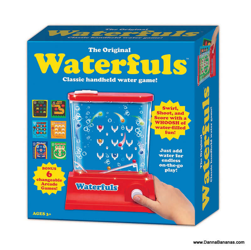The image features packaging for "The Original Waterfuls Classic Handheld Water Game" by Danna Bananas, displaying a red handheld device filled with water and rings. The box highlights six interchangeable games, is suitable for ages 3 and up, and evokes nostalgia as a beloved retro toy.