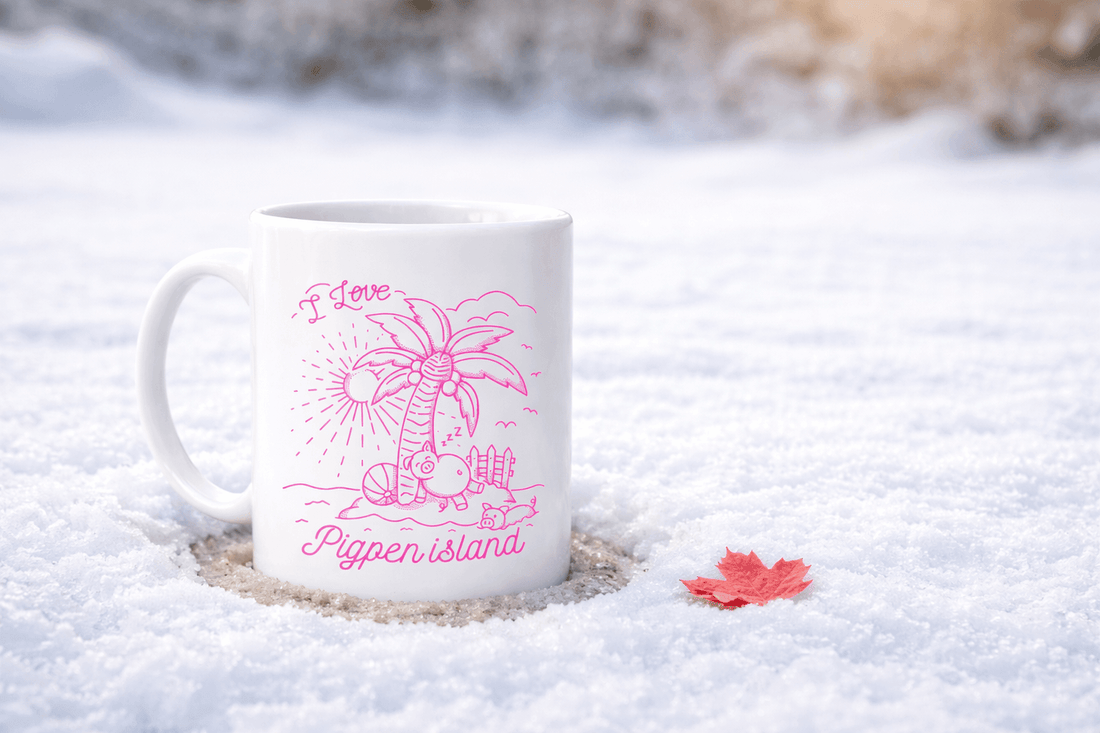 Pigpen Island heat changing mug melting into a snowbank as a funny birthday gift