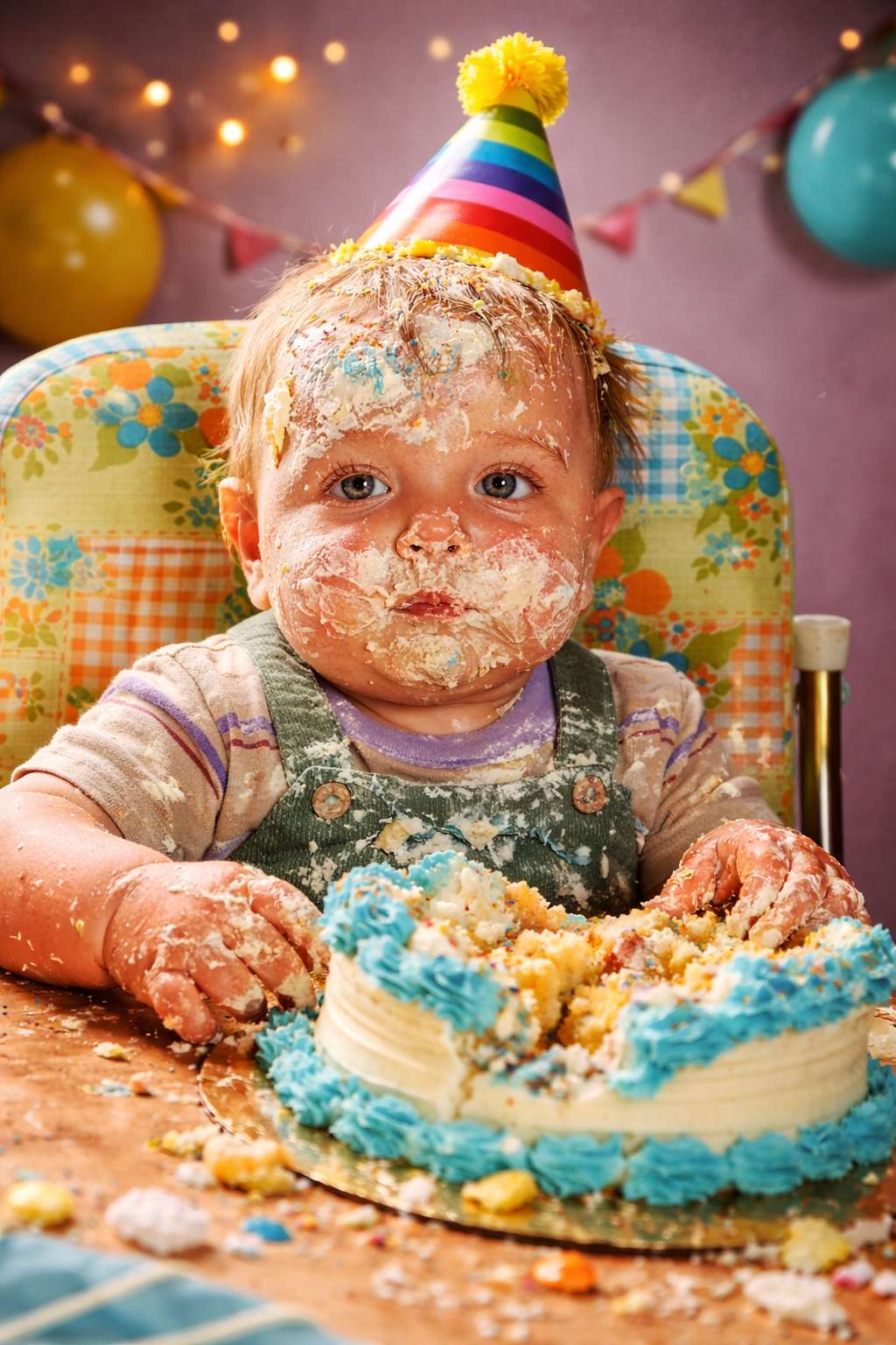 Toddler covered in birthday cake with frosting on face and hair at a retro-style party, illustrating 2025 birthday trends focused on cake-centred celebrations.