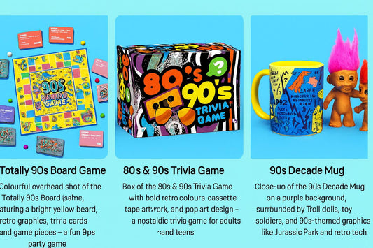A colourful promo image of three nostalgic 90s products: the Totally 90s Board Game, the 80s & 90s Trivia Game, and the 90s Decade Mug with Troll dolls – featured on a bright blue background.