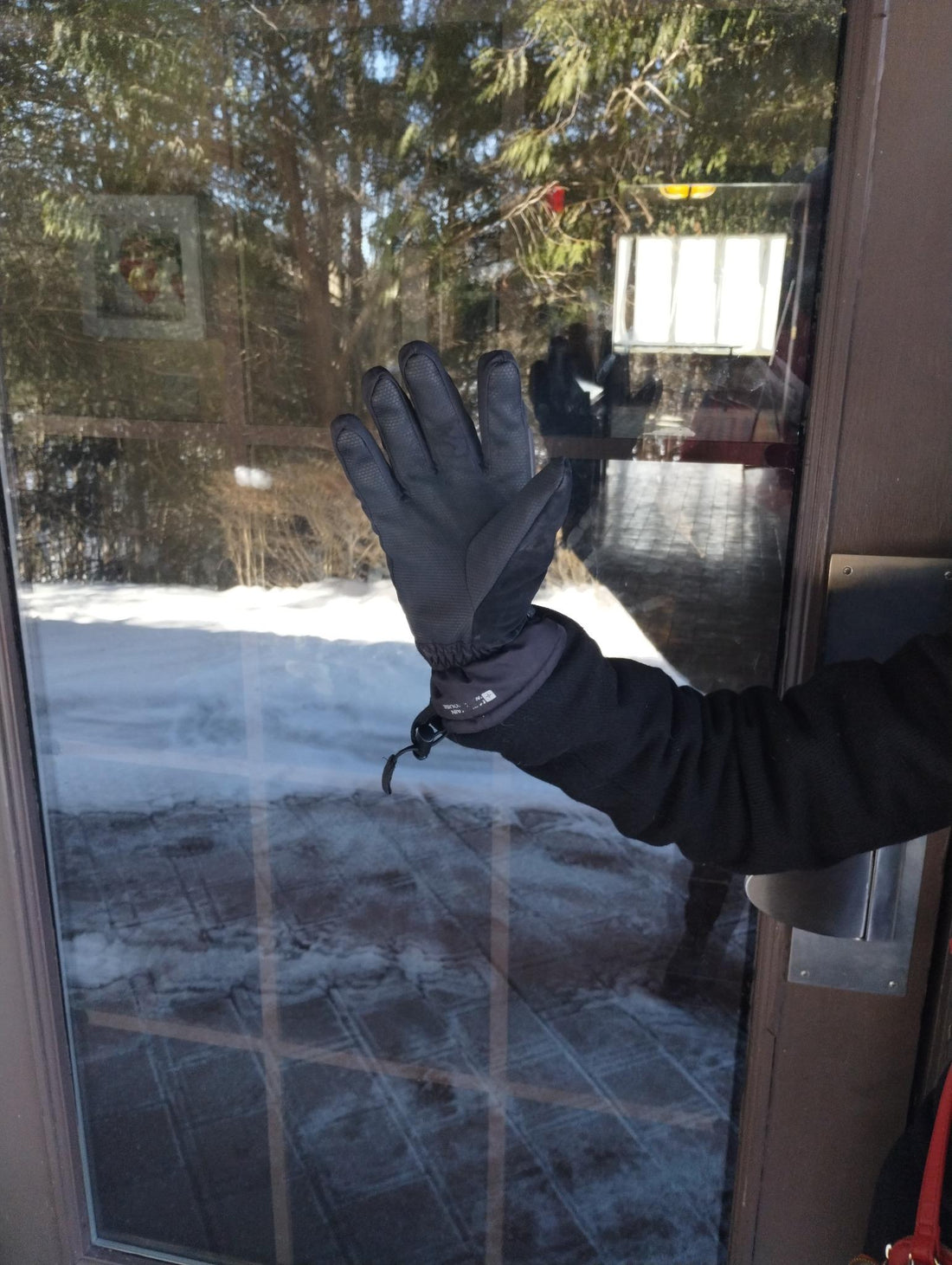 A gloved hand pressed against a glass door on a snowy winter day, reflecting on Groundhog Day predictions and the changing of seasons.