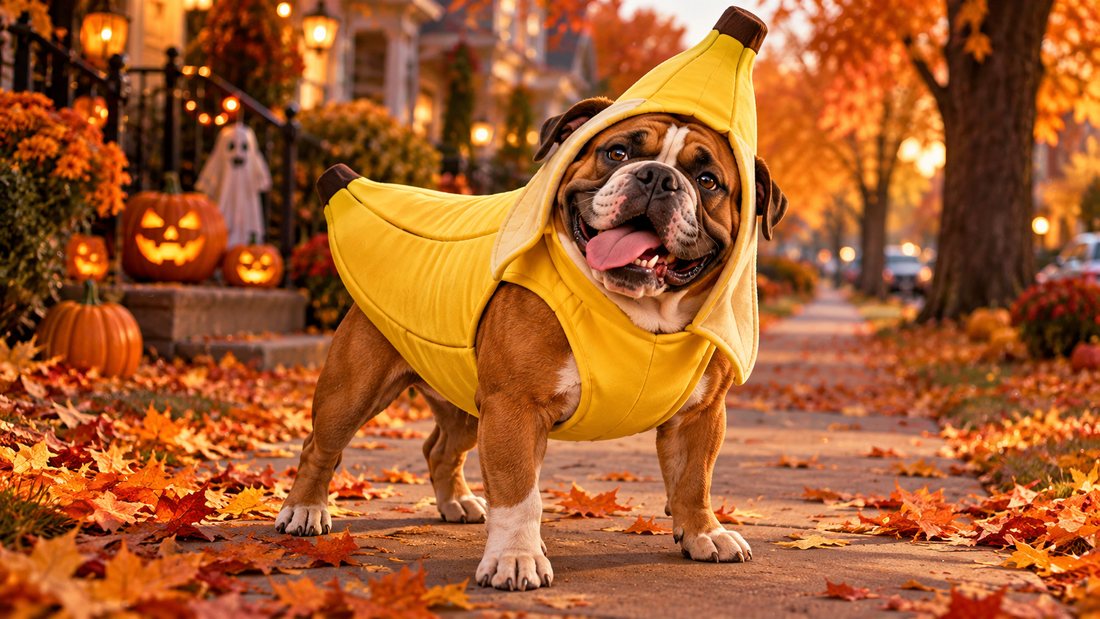 Large bulldog wearing a yellow banana Halloween costume strutting down an autumn street covered in maple leaves, with jack-o'-lanterns in the background.