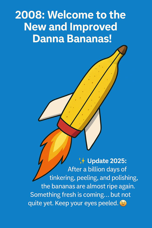 Banana-shaped rocket launching into space with fiery exhaust, symbolizing the Danna Bananas 2008 launch and the upcoming 2025 relaunch.