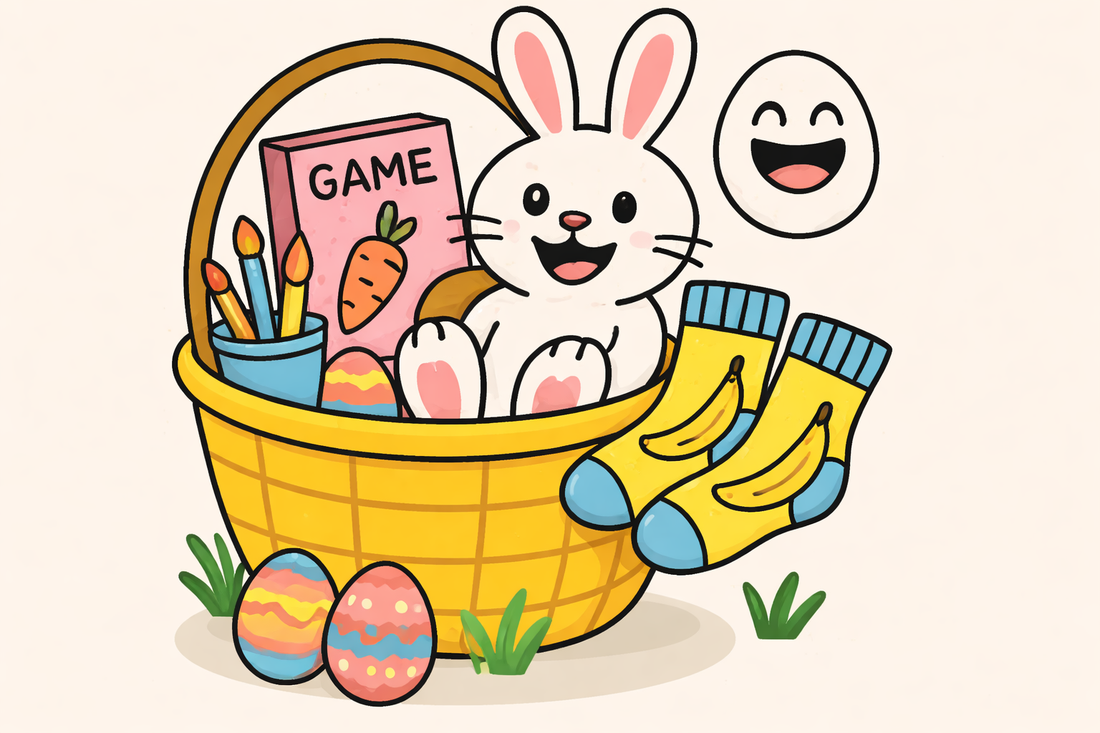 Illustration of an Easter basket filled with bunny, eggs, games, art supplies and banana socks