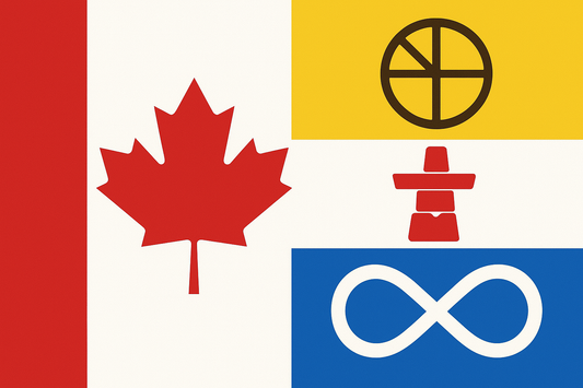 Blended Canadian and Indigenous flag featuring a maple leaf, medicine wheel, inuksuk, and infinity symbol. Honours unity and cultural roots.