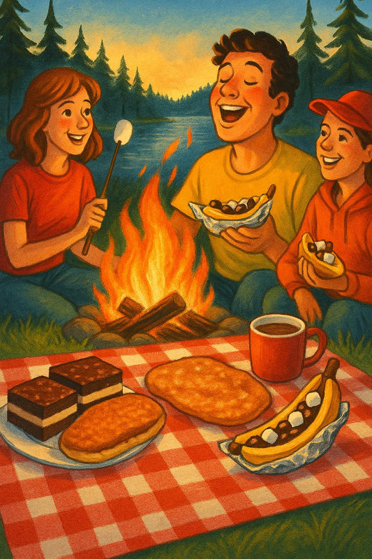 Illustration of friends around a campfire by a lake, enjoying Canadian treats like Nanaimo bars, BeaverTails, hot chocolate, and a foil-wrapped Banana Boat.