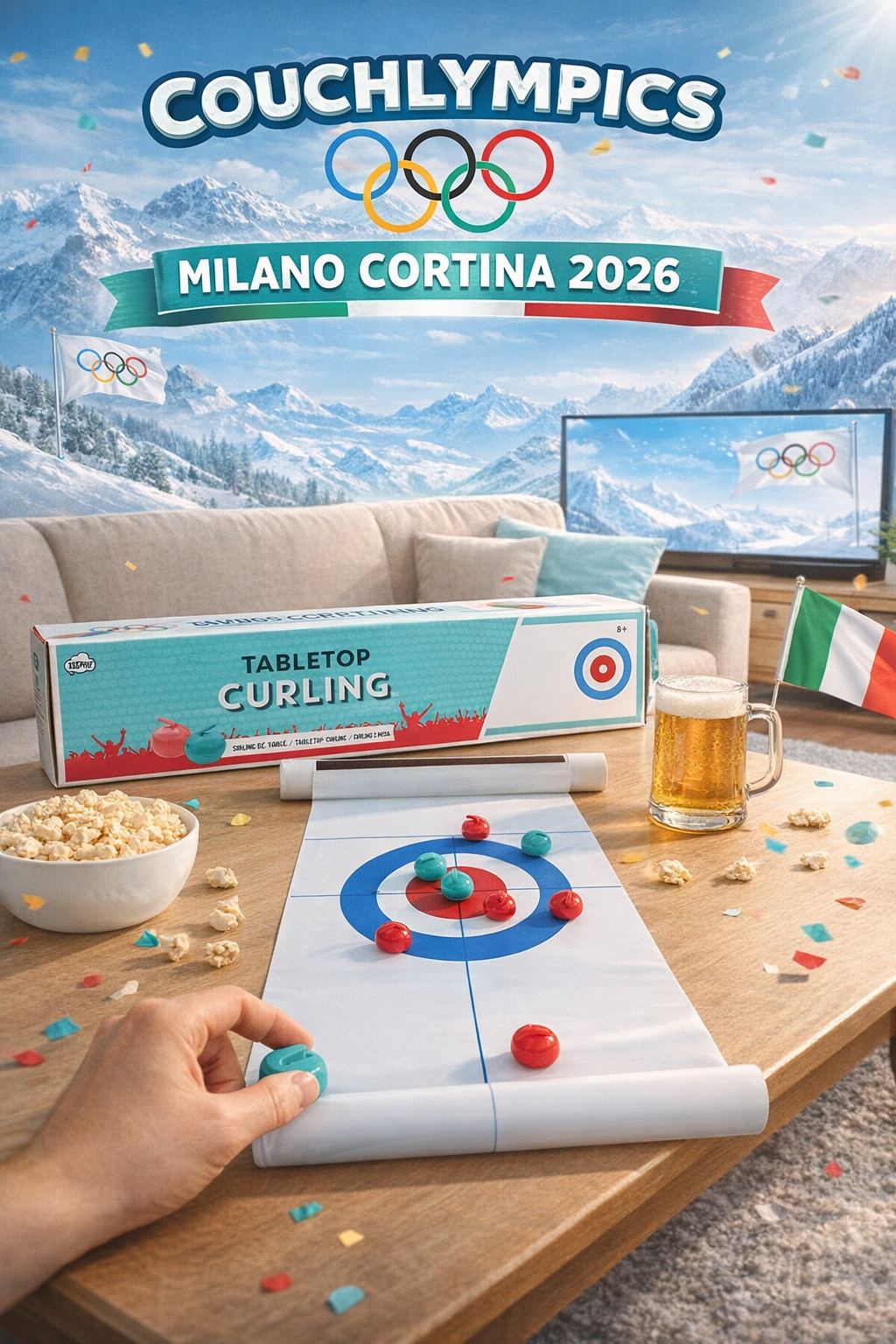 Tabletop curling game mat and stones on coffee table, ready for Couchlympics Milano Cortina 2026