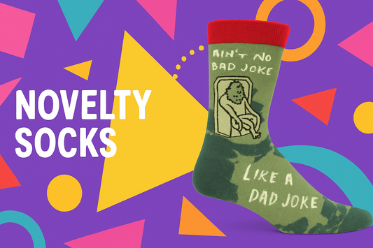 Funny socks with a dad-joke design on a bright retro background.