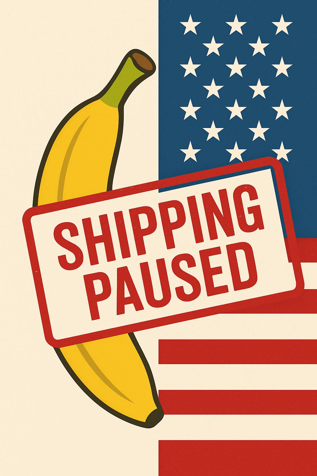 Half banana and half USA flag with a bold red “Shipping Paused” stamp across the image, symbolizing the end of duty-free de minimis shipping and the pause of U.S. orders.