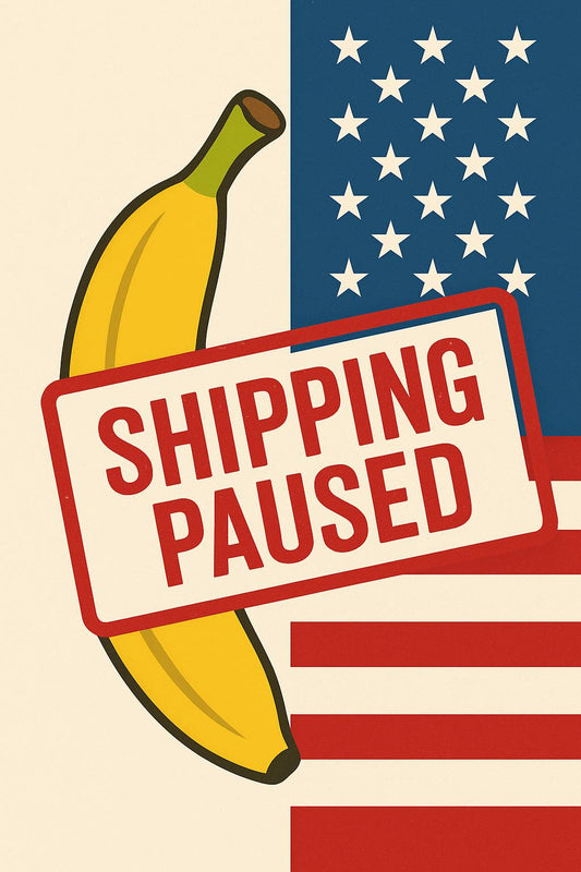 Half banana and half USA flag with a bold red “Shipping Paused” stamp across the image, symbolizing the end of duty-free de minimis shipping and the pause of U.S. orders.
