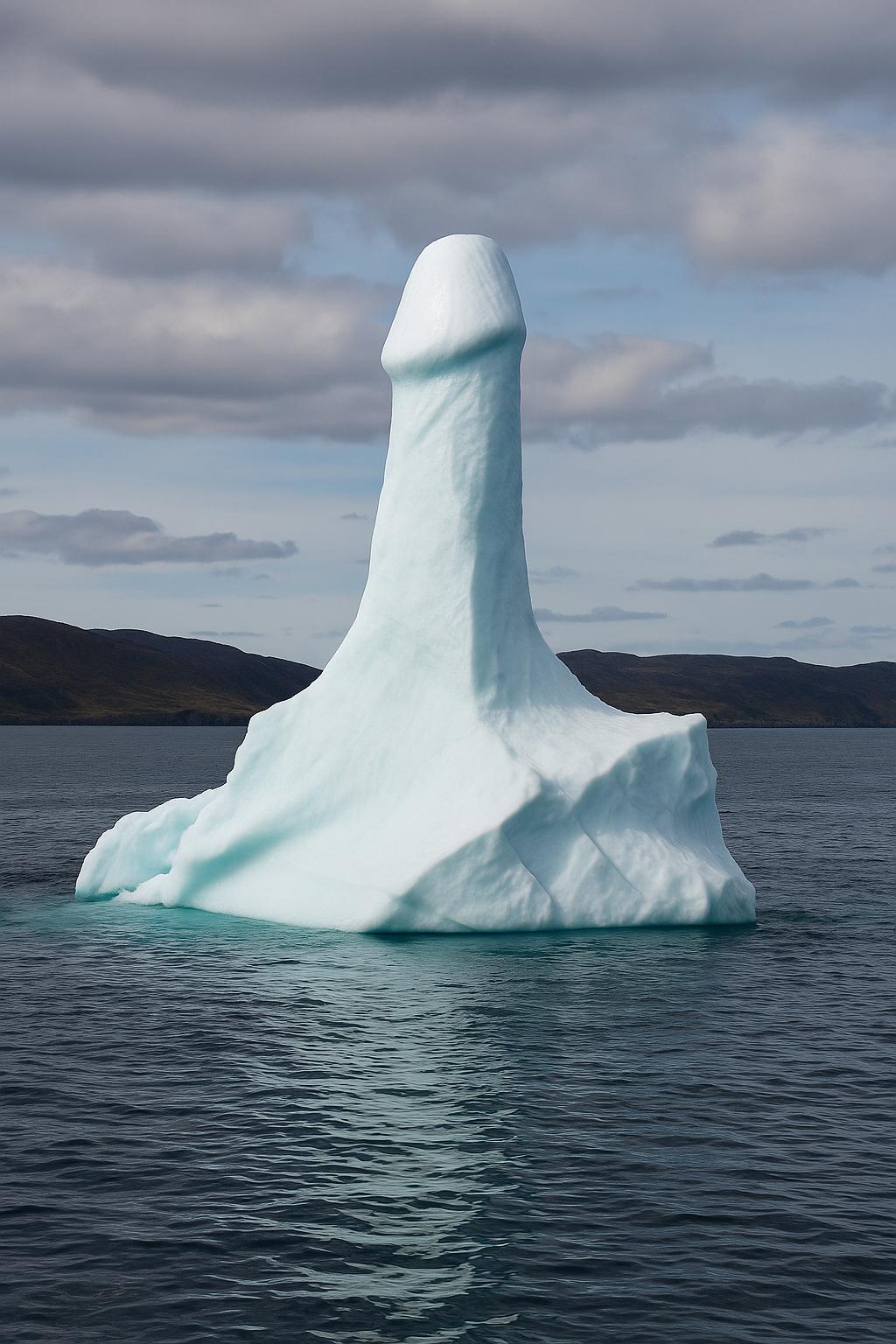 Iceberg in the ocean shaped like a phallus, floating near the coast of Newfoundland under a cloudy sky