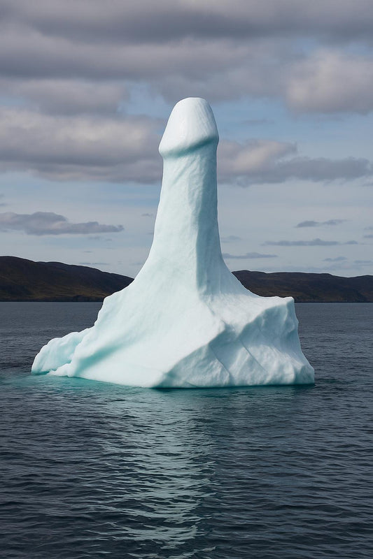 Iceberg in the ocean shaped like a phallus, floating near the coast of Newfoundland under a cloudy sky