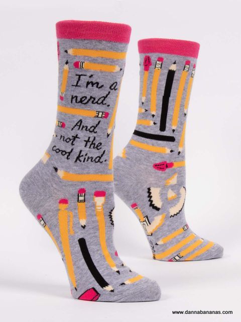 Grey school-themed socks with pencils and cheeky nerd text, perfect for unique back-to-school gifts.