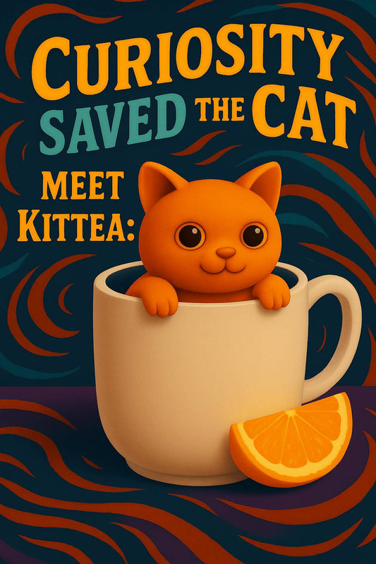 Playful orange kitten named Kittea peeking out of a white mug with a lemon wedge, set against a colorful swirled background with the text 'Curiosity Saved the Cat – Meet Kittea!