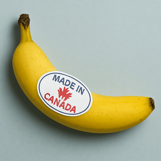 A banana with a Made in Canada sticker
