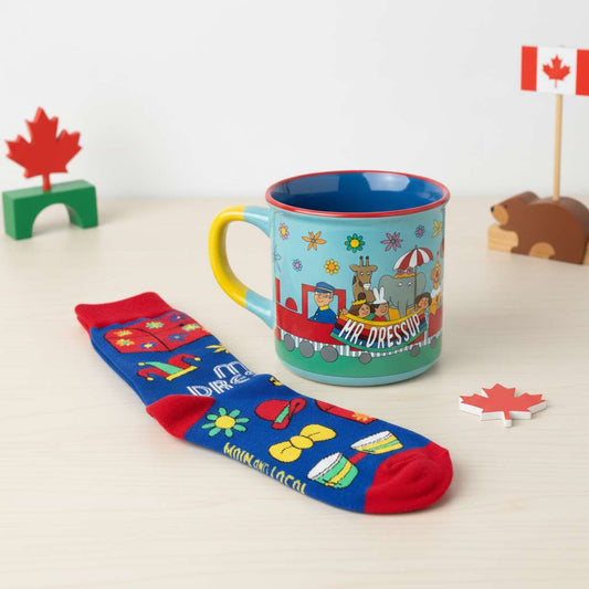 Photograph of Mr. Dressup themed novelty socks and coffee mug, part of the Canada Funny Gifts collection at Danna Bananas
