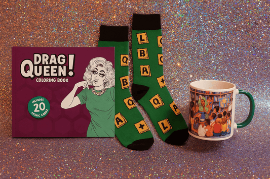 Drag Queen Coloring Book, Scrabble Pride Socks and Drag Library Mug