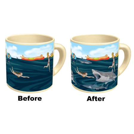 Watch a shark appear with heat—Jaws-themed novelty mug for coffee or tea, a funny gift from Danna Bananas.