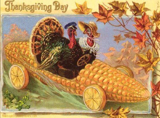 Two turkeys in hats driving a corn car with lemon wheels - a hilariously unique take on Thanksgiving fun!