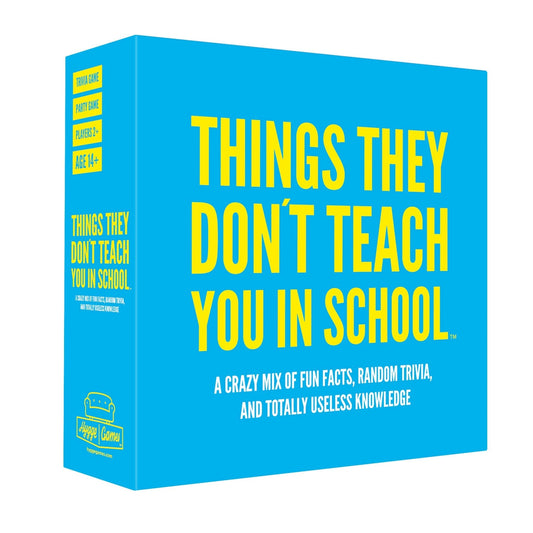 Bright blue box of the 'Things They Don’t Teach You in School' Hygge board game with bold yellow and white text. Described as a mix of fun facts, random trivia, and totally useless knowledge.