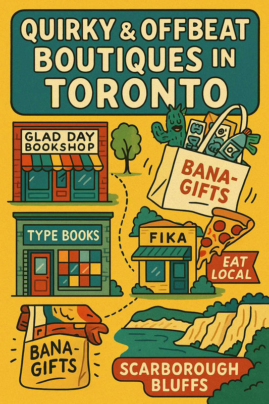 Quirky & Offbeat Boutiques in Toronto,” featuring Glad Day Bookshop, Type Books, FIKA Café, Scarborough Bluffs, and Danna Bananas gift bags labeled “Bana-Gifts,” alongside local eats like pizza.