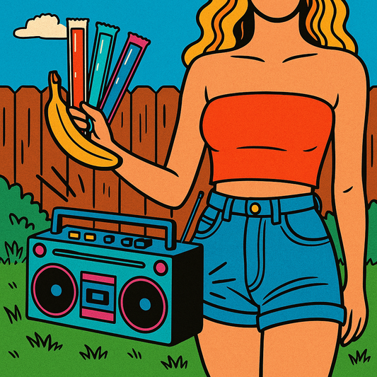 A Girl wearing a Tube Top, Shorts and holding a banana and freezies. Also there is a Boom Box
