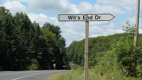 Wit’s End Dr” pointing right on a sunny day in Minden Hills, Ontario — symbolizing laughter and the inspiration behind Danna Bananas’ “Witt’s End!?
