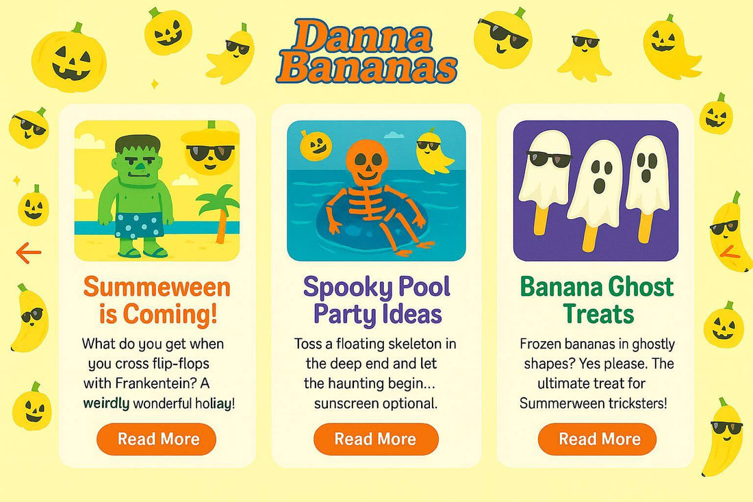 Summerween blog carousel featuring banana ghosts, pumpkins, and blog previews from Danna Bananas