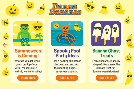 Summerween blog carousel featuring banana ghosts, pumpkins, and blog previews from Danna Bananas