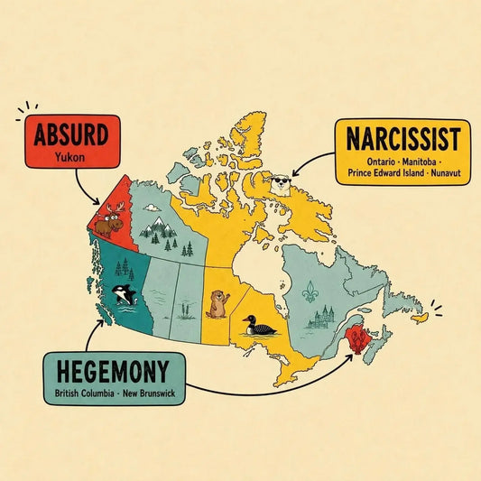 Illustrative map of Canada highlighting the words Canadians are looking up in 2026 (So Far): Absurd, Narcissist, and Hegemony.