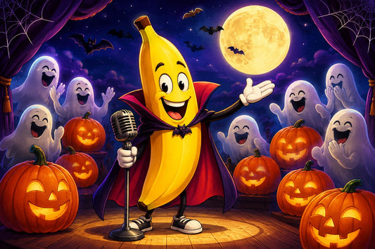 Cartoon banana comedian in a vampire cape performing for laughing ghosts and jack-o’-lanterns