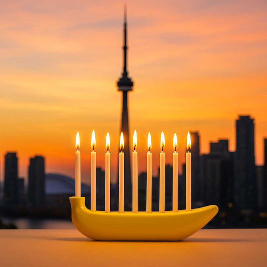 Yellow banana-shaped menorah with candles on Toronto condo counter—Hanukkah decor from Danna Bananas