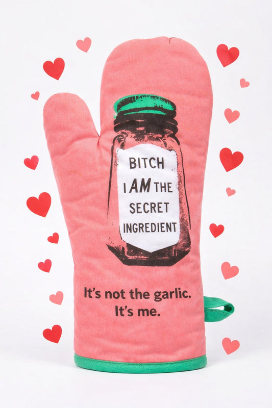 Funny Valentine's Day oven mitt reading "Bitch I am the secret ingredient" with heart graphics, perfect playful kitchen gift for bold cooks.
