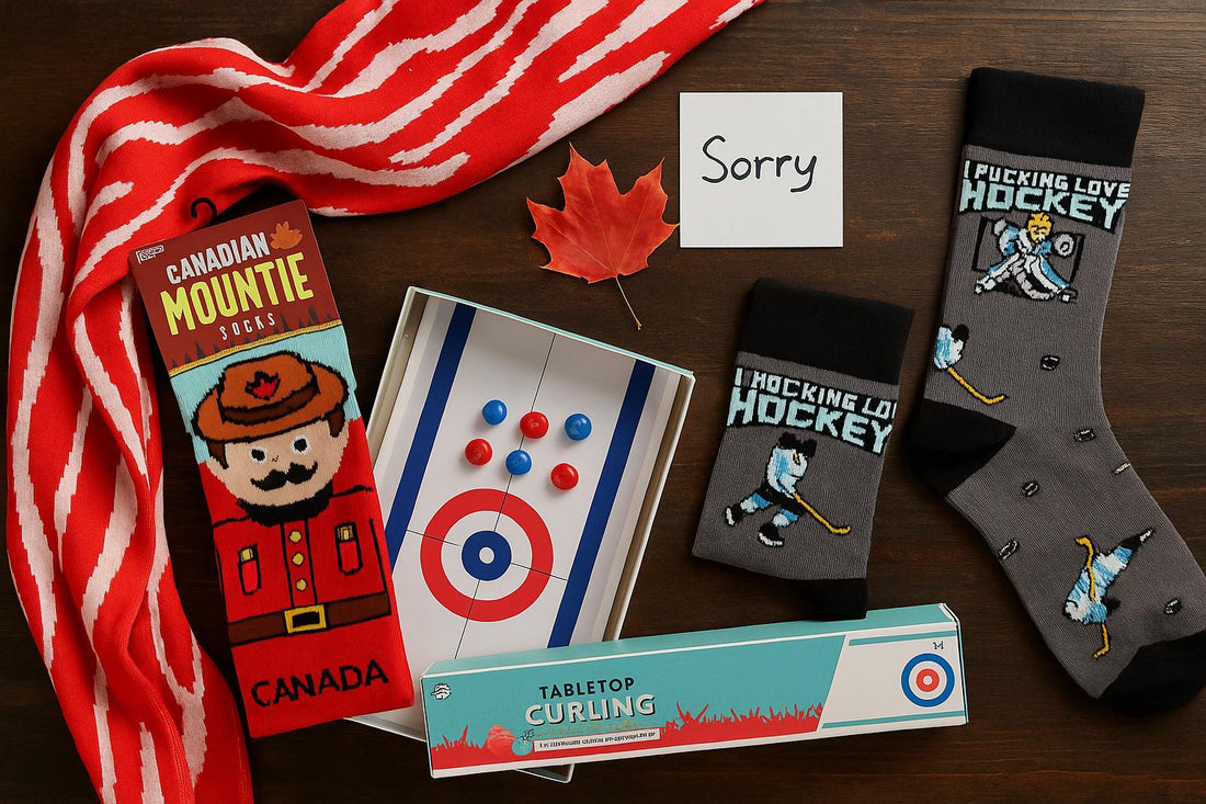 Flat lay of Canadian-themed funny gifts including Mountie socks, bacon scarf, tabletop curling game, hockey socks, maple leaf, and a handwritten ‘Sorry’ note on a rustic wooden table — Danna Bananas.
