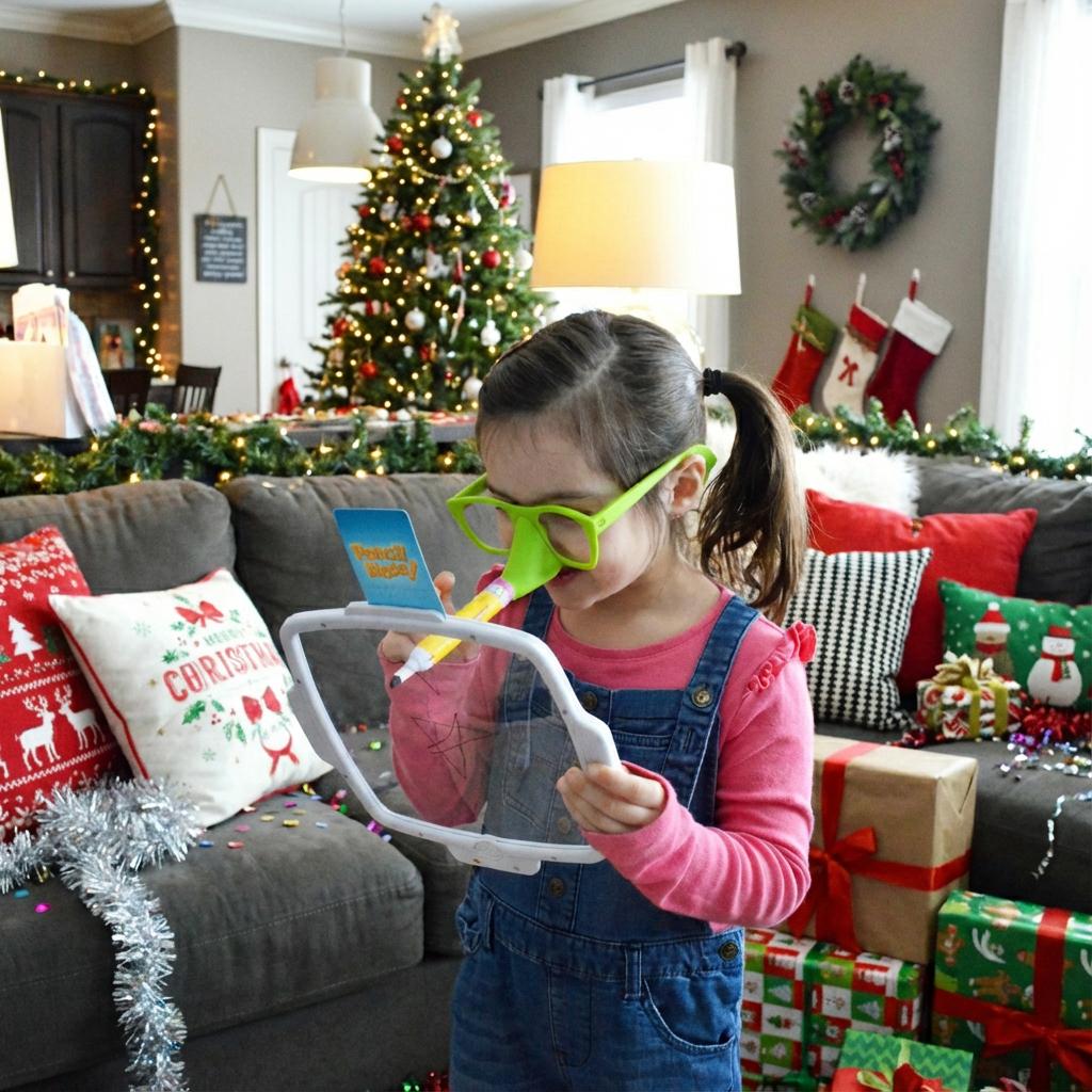 Player wearing Pencil Nose Game glasses and drawing, friends laughing hysterically at game night party