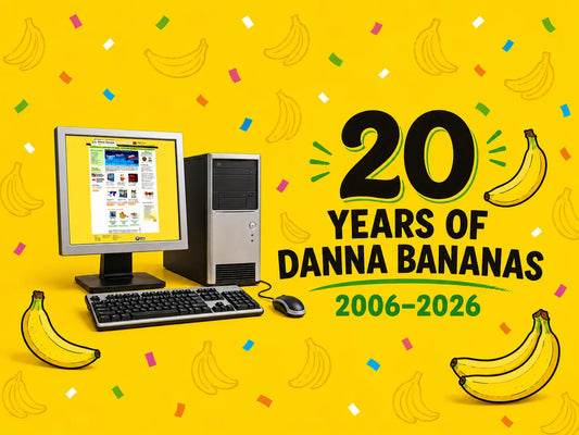 Danna Bananas 20th anniversary, 2006 to 2026, with the original website displayed on a 2006 desktop computer against a yellow banana background.