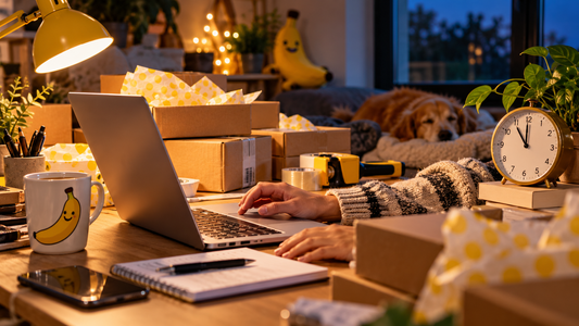 Small business owner working late at a laptop surrounded by shipping boxes, packing supplies and a banana mug.